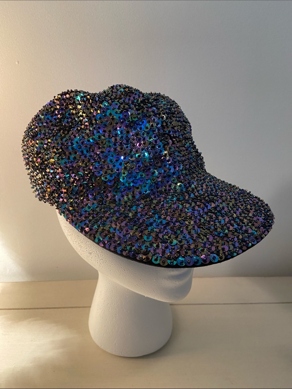 Handmade Black Peacock Sequin Baseball Hat One Size Fits Most Festive Festival
